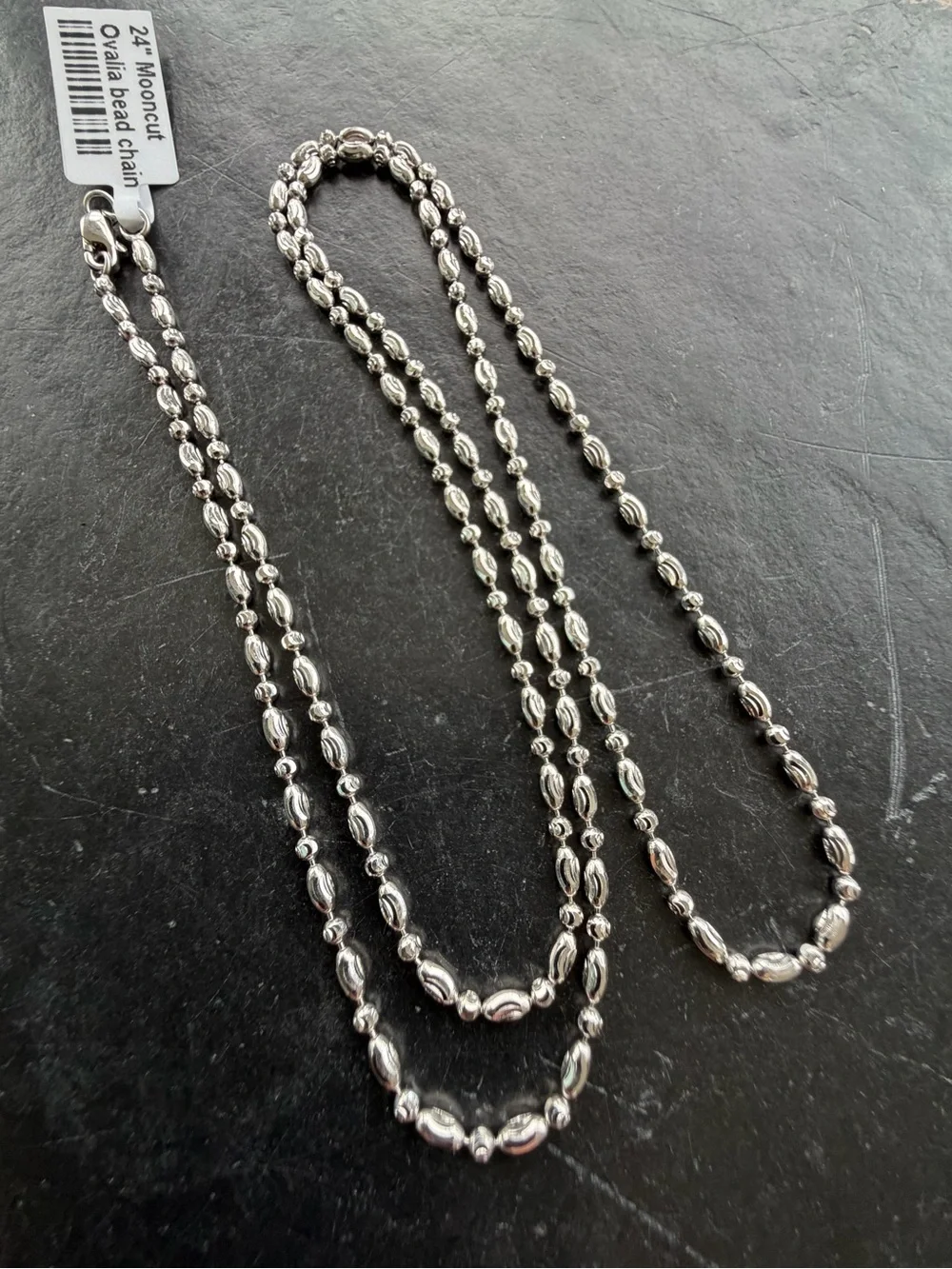 14kt. White Gold Mooncut Ovalia  Bead Chain Necklace  24” long